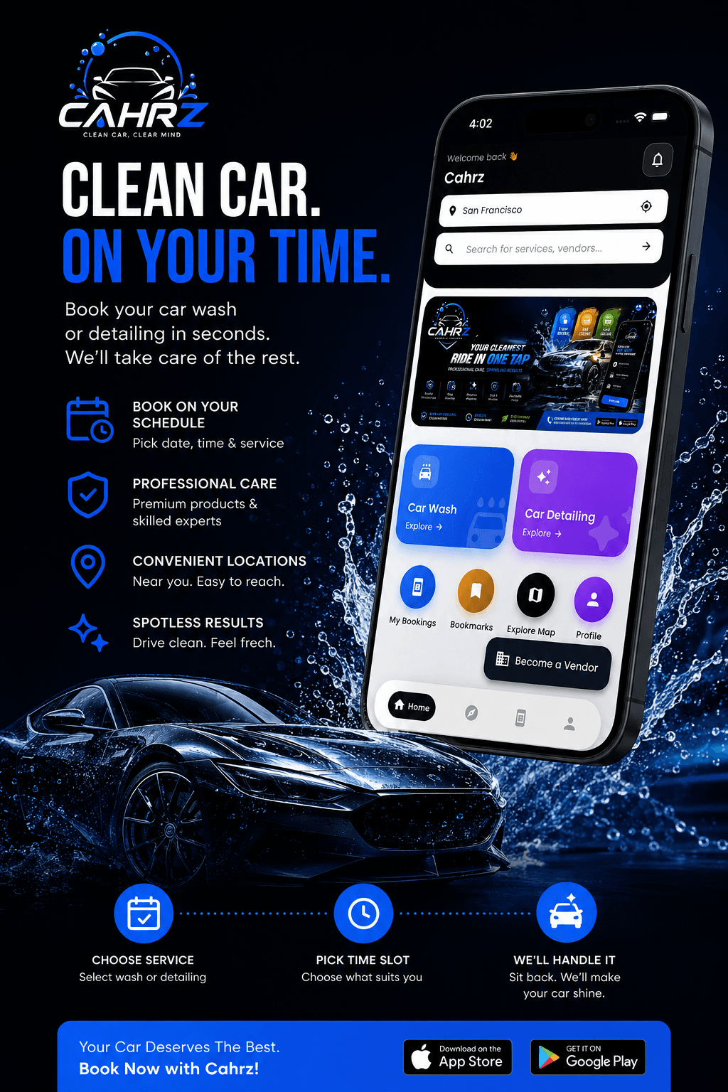 Cahrz app preview — book a car wash or detailing in seconds
